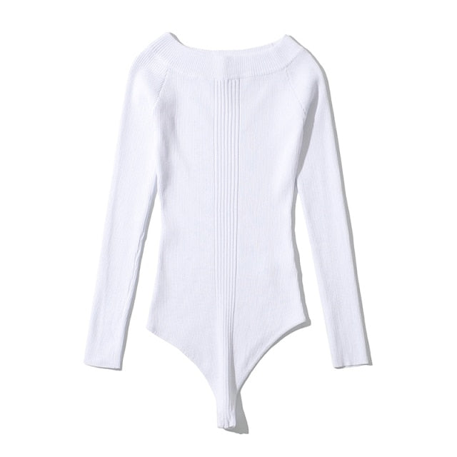 Off Shoulder Knitted Bodysuit Solid Long Sleeve