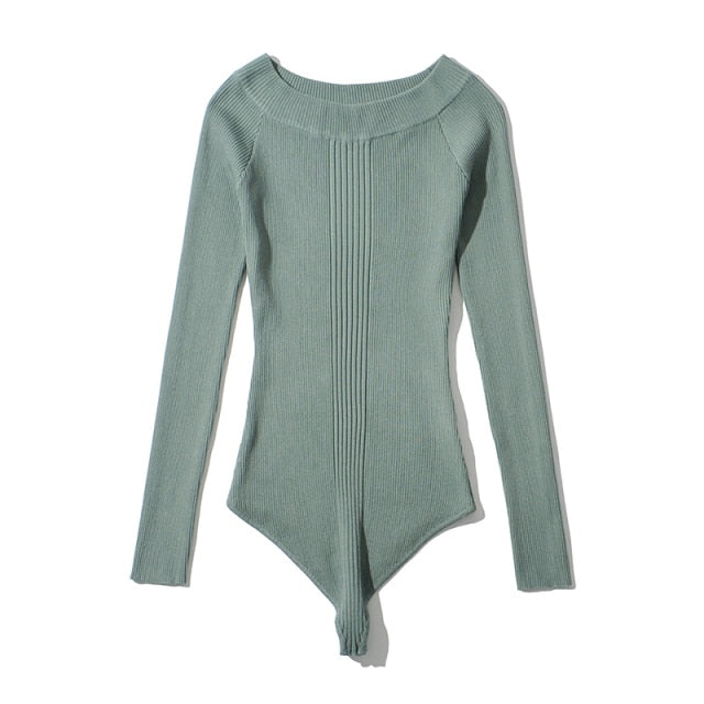 Off Shoulder Knitted Bodysuit Solid Long Sleeve