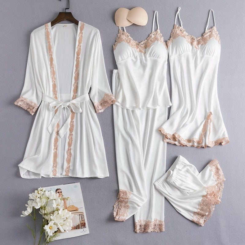 silky five piece pajama set