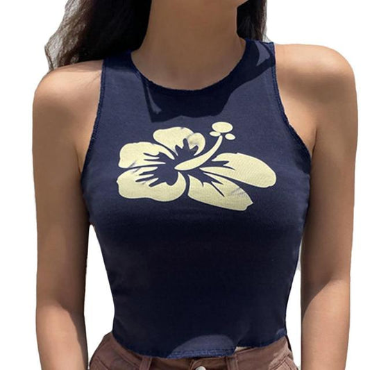 Floral Crop Tank Navy Blue