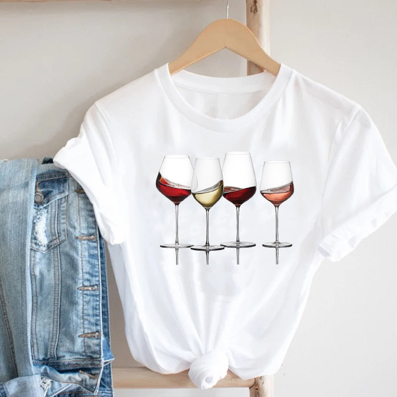 Wine Lady Short Sleeve Casual Fashion Graphic T-shirt