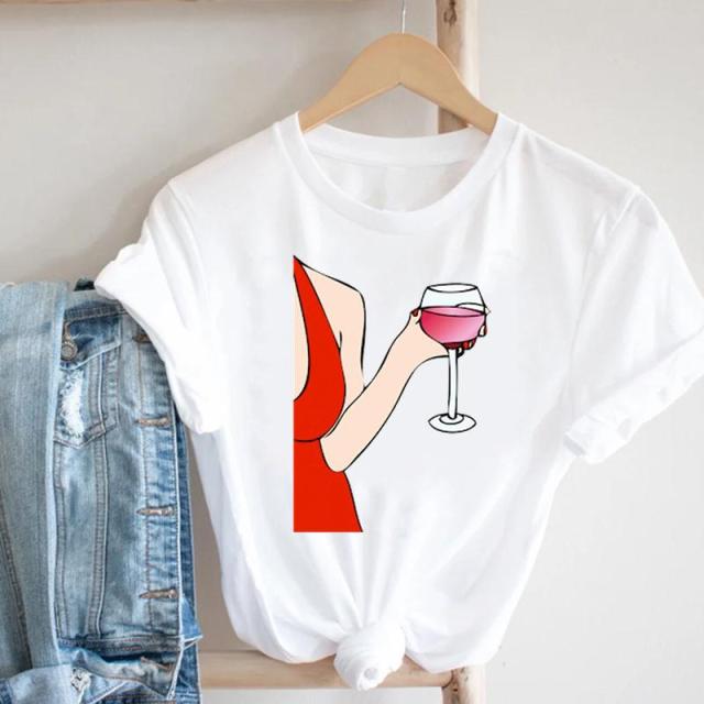 Wine Lady Short Sleeve Casual Fashion Graphic T-shirt