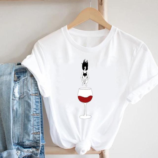 Wine Lady Short Sleeve Casual Fashion Graphic T-shirt