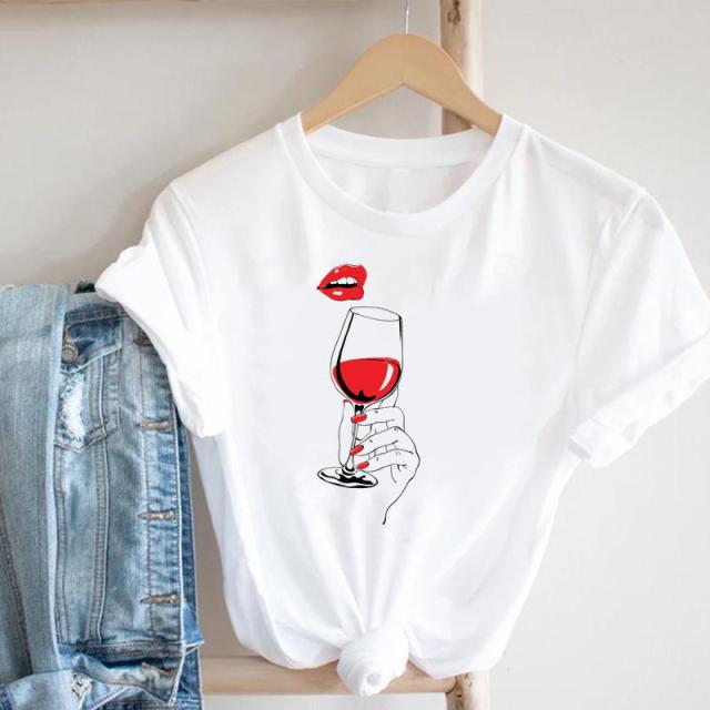 Wine Lady Short Sleeve Casual Fashion Graphic T-shirt