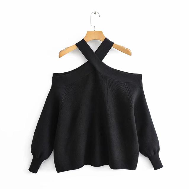 Cold Shoulder halter knit sweater Black