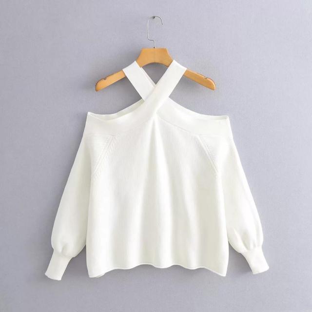 Cold Shoulder halter knit sweater White