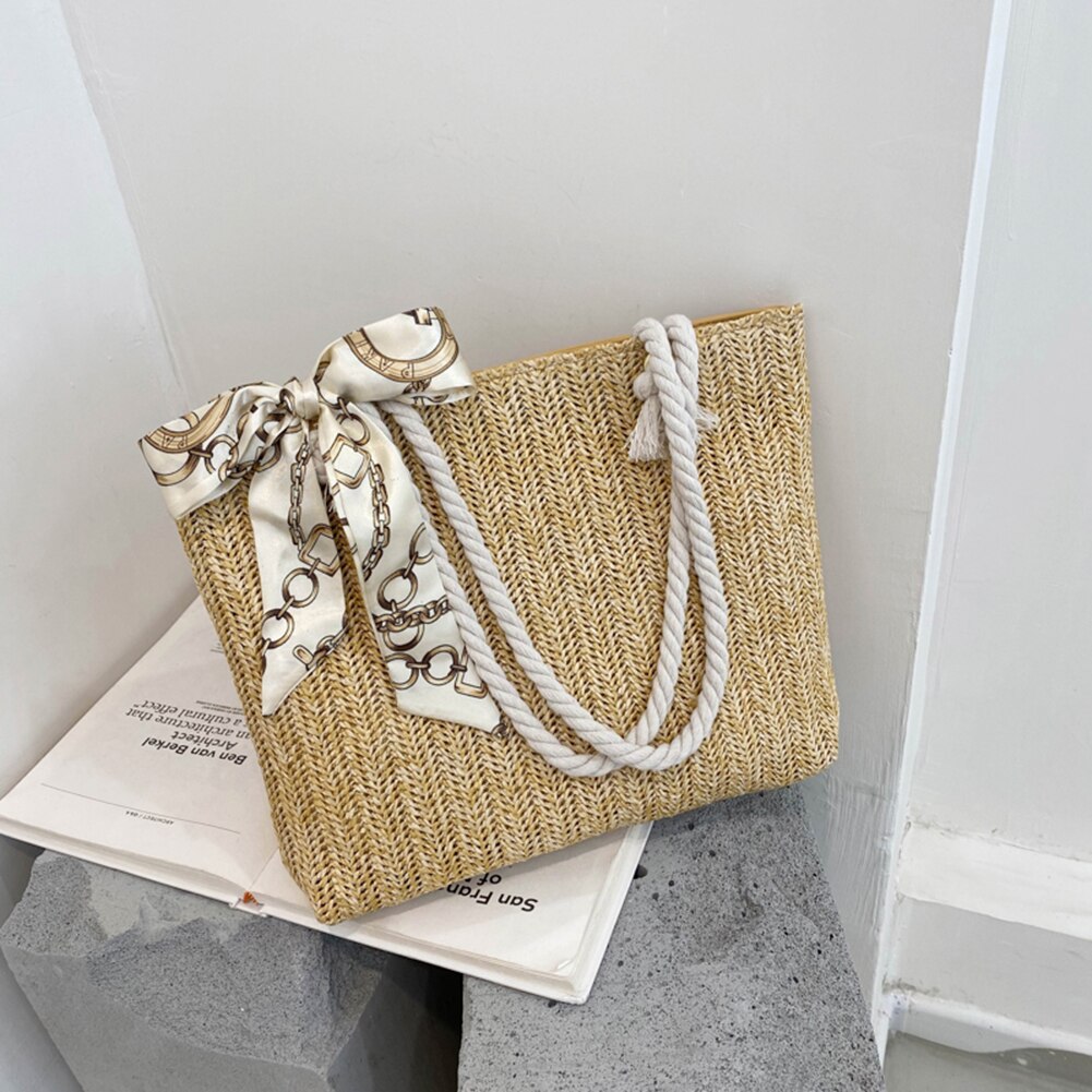 Chic Silk Scarf Straw Tote