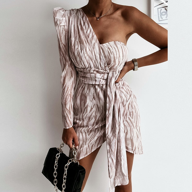 off the shoulder belted tiger print dress 