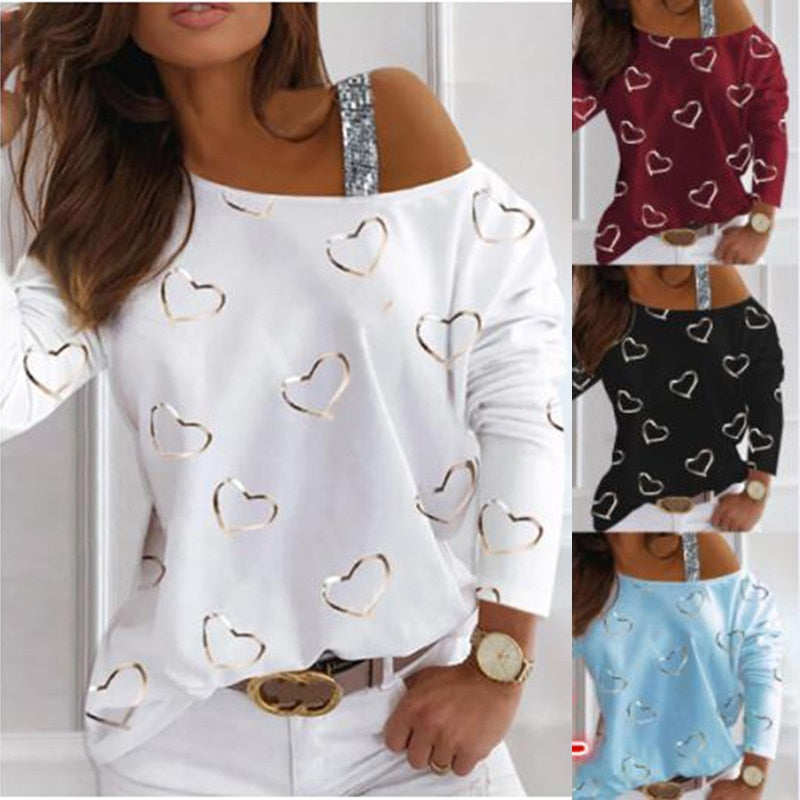 Sequins Long Sleeve T-shirt Heart-shaped Casual Loose Top