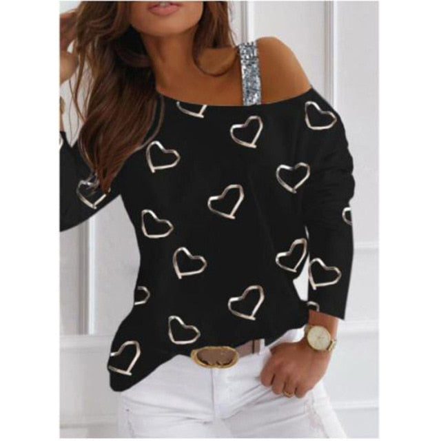 Sequins Long Sleeve T-shirt Heart-shaped Casual Loose Top