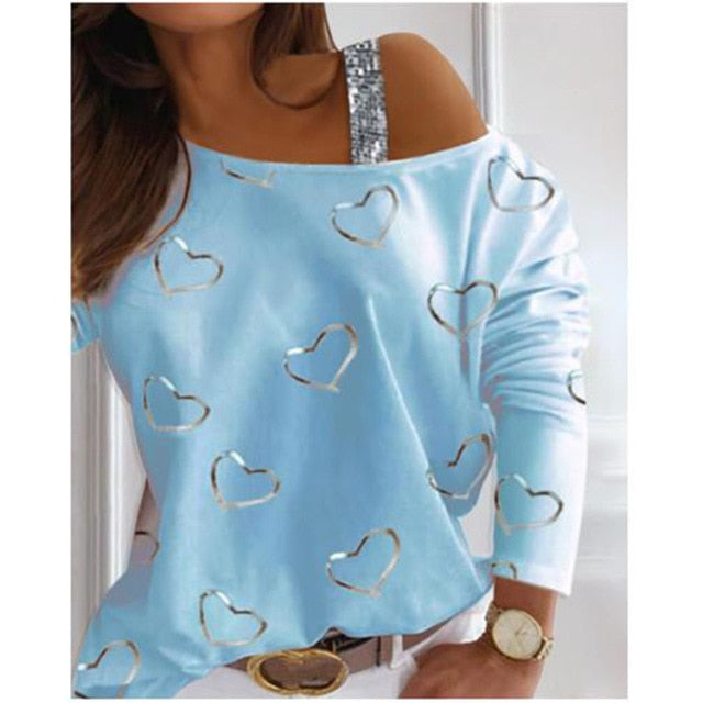 Sequins Long Sleeve T-shirt Heart-shaped Casual Loose Top