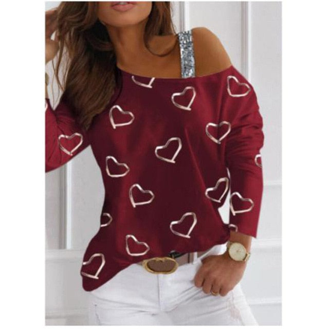 Sequins Long Sleeve T-shirt Heart-shaped Casual Loose Top