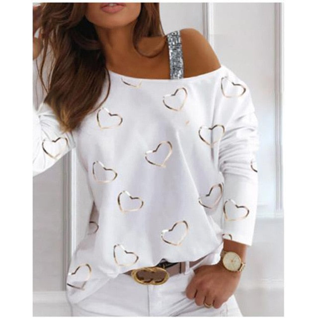 Sequins Long Sleeve T-shirt Heart-shaped Casual Loose Top