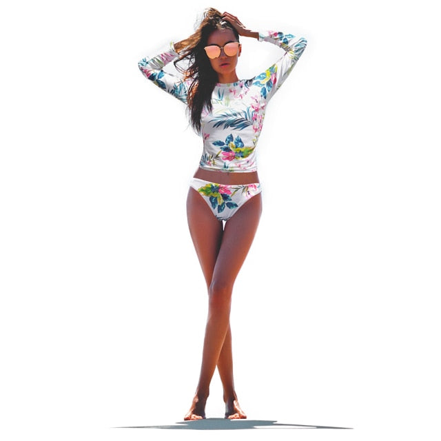 Two piece floral bathing suit long sleeve