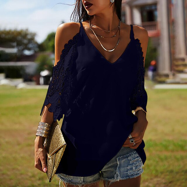 Navy off the shoulder lace top