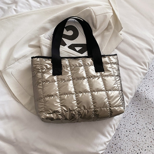 Silver  Quilted Nylon Shoulder Bag