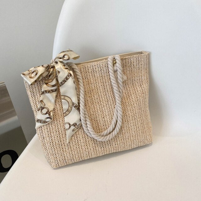 Chic Silk Scarf Straw Tote