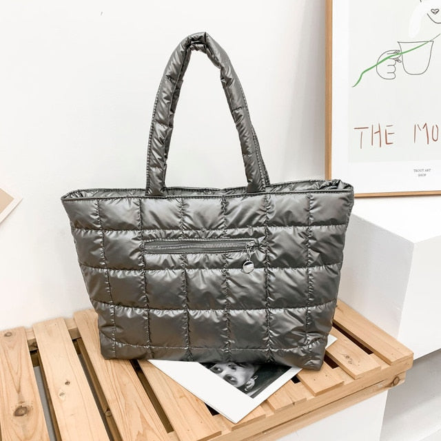 Silver  Quilted Nylon Shoulder Bag