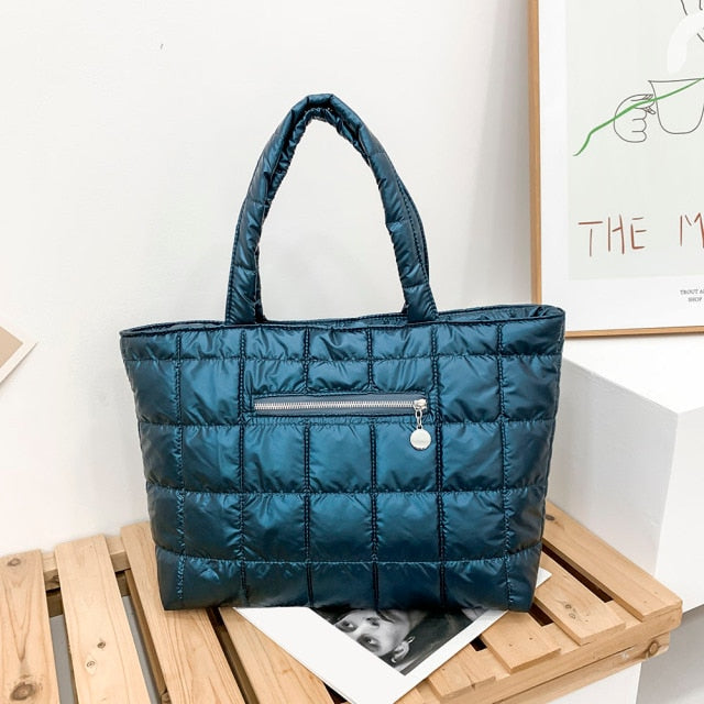 Teal Blue  Quilted Nylon Shoulder Bag