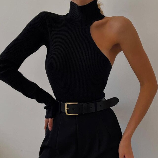 Black One Sleeve turtle neck bodysuit top