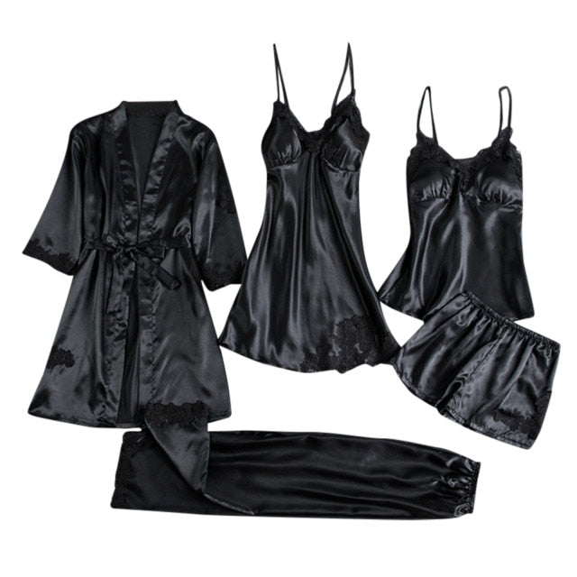 Five Piece Satin Sleepwear set in Black