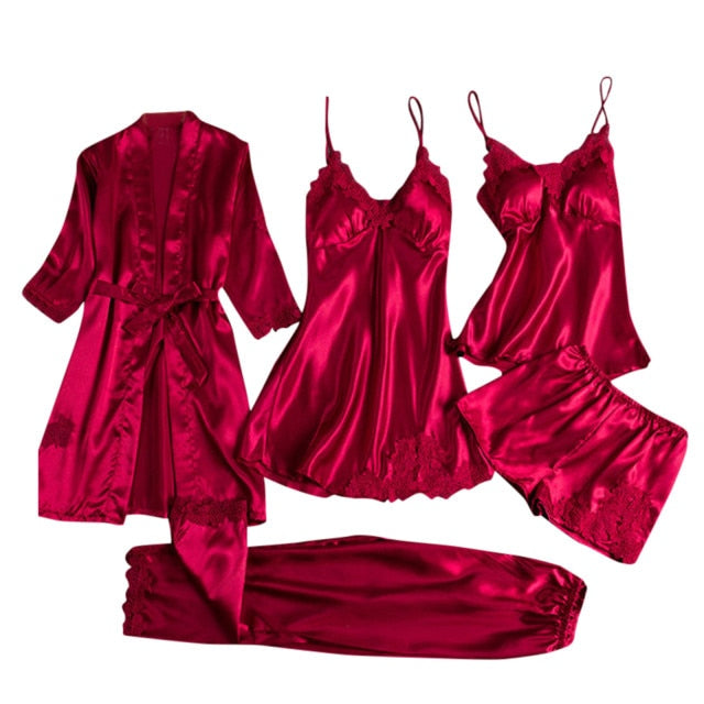 Five Piece Satin Sleepwear set in Red