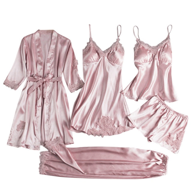 Five Piece Satin Sleepwear set in Pink