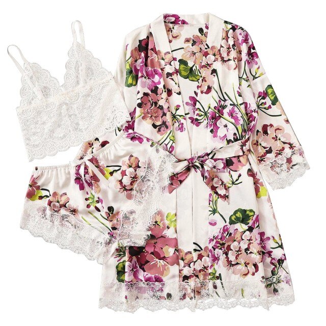 Three Piece floral sleepwear set with shorts, camisole and robe